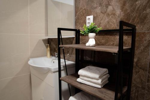 La salle de bains est pourvue d'un lavabo et d'une étagère avec des serviettes. dans l'établissement Casa Alis, à Oradea
