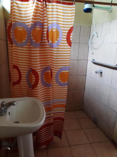 y baño con cortina de ducha y lavamanos. en Cabinas Leyko en San Carlos