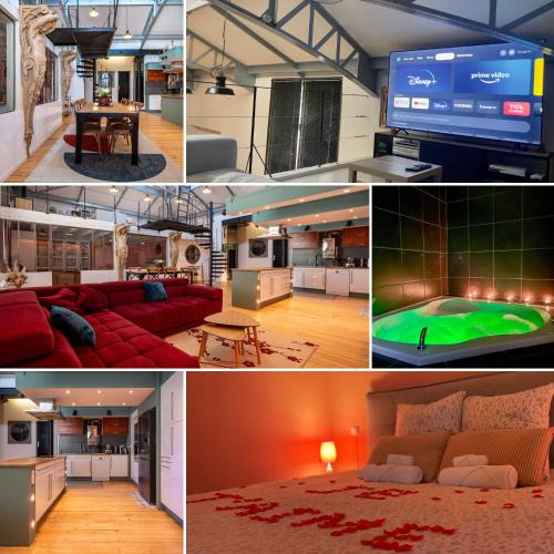 un collage de photos d'un salon et d'une cuisine dans l'établissement Loft Eiffel unique et atypique, au coeur de ville, à Béziers