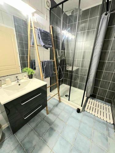 a bathroom with a shower and a sink and a shower at La Villa du Menhir Gîte in Bize-Minervois