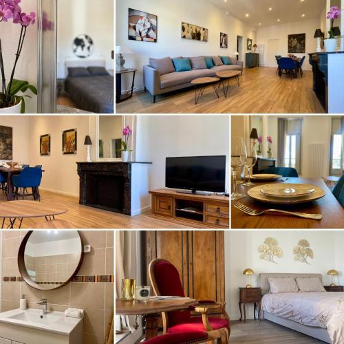 un collage de photos d'un salon et d'un salon dans l'établissement Luxe et élégance en face des Halles, à Béziers