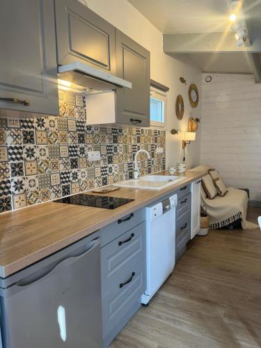 une cuisine avec un évier et un plan de travail dans l'établissement Face aux Isles, à Saint-Marcouf