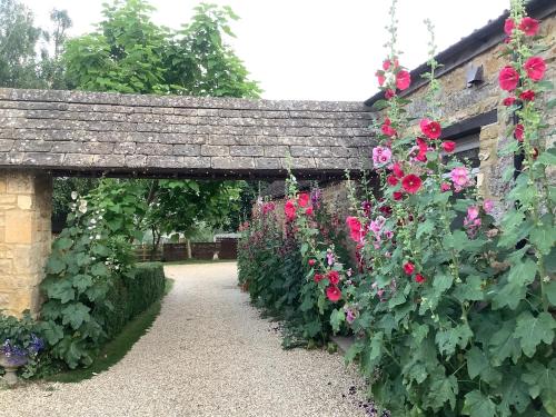 a garden with roses growing on a stone wall at Holly House in Ebrington