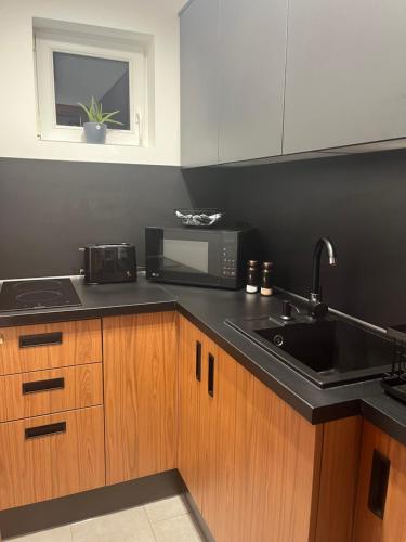 a kitchen with a sink and a microwave at Rózsa Strasse Tarján in Tarján