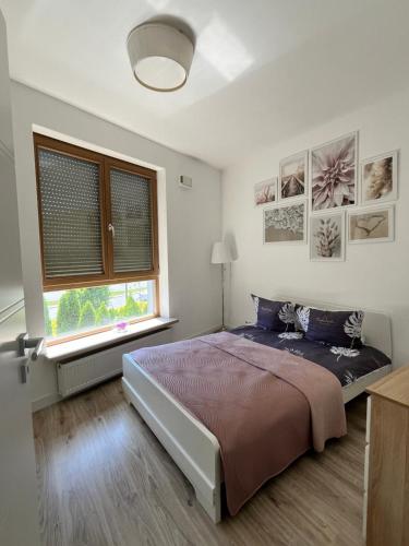 1 dormitorio con 1 cama grande y ventana en Apartment Wilanow Branickiego, en Varsovia