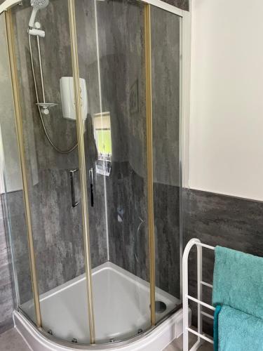 een douche met een glazen deur in de badkamer bij Ben Lomond Cottage in Gartocharn