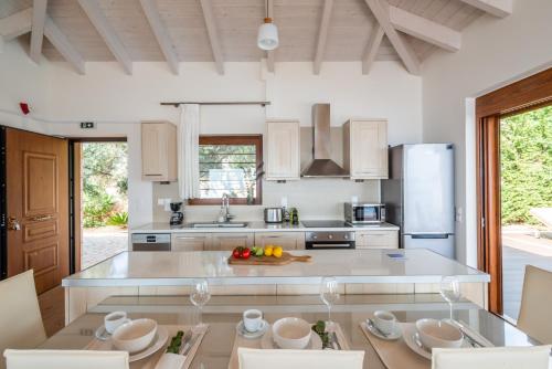 a kitchen with white appliances and a table with chairs at Iris Villas Lefkada - Marine Villa with private sea access in Sivota