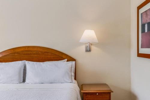a hotel room with a bed and a lamp at Fiesta Inn Colima in Colima