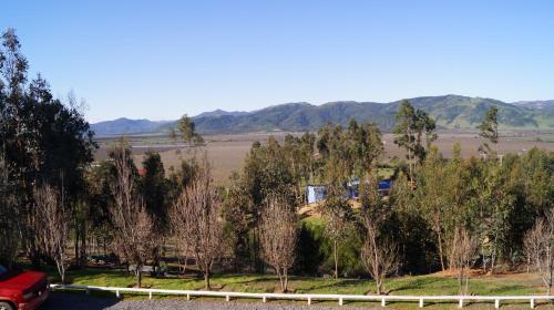 a red car parked on a road next to trees at Grado8punto8 Glamping Valle de Los Artistas in Lolol