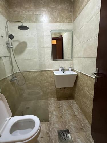 ein Badezimmer mit einem Waschbecken, einem WC und einem Spiegel in der Unterkunft Luxurious apartment in Mahboula in Kuwait