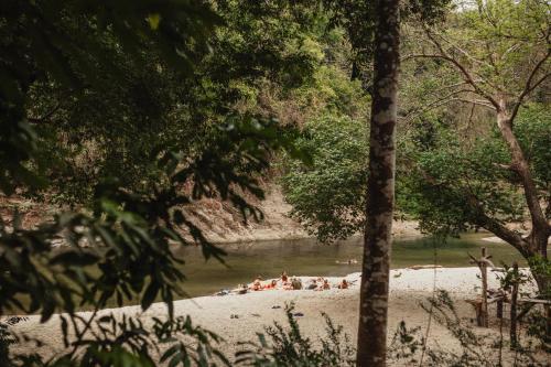 a group of people on a beach in the water at La Ponderosa Reserve in Buritaca