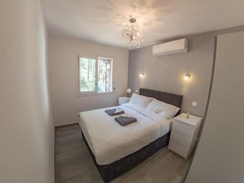 une chambre avec un grand lit et un lustre dans l'établissement Luxury modern Villa rental in Le Rouret with pool, à Le Rouret