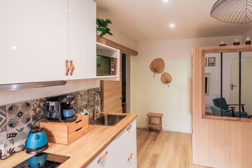 une cuisine avec un évier et un plan de travail dans l'établissement Bulles & Spa Hypercentre Orléans, à Orléans