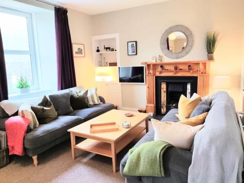 a living room with two couches and a fireplace at Squirrels' Drey in Innerleithen