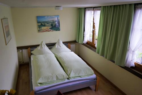 Un dormitorio con una cama con almohadas. en Hotel Linde Goldach en Goldach