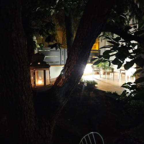 a lantern sitting on a tree in the dark at Casa Vacanze Al Parco in Casamassima