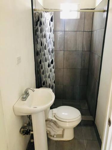 een kleine badkamer met een toilet en een wastafel bij Bonito y cómodo departamento 2R in Mexicali