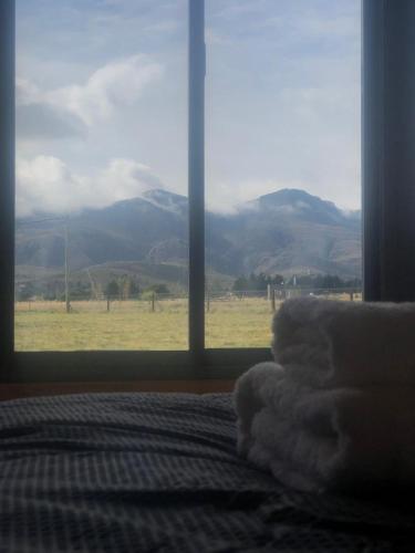 a bedroom with a window with a view of a field at Cabañas Ayres de Campo in San Andres de las Sierras
