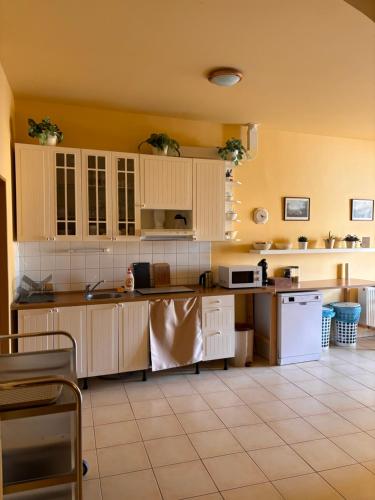 uma cozinha com armários brancos e electrodomésticos brancos em Penzion U Báby em Třeboň