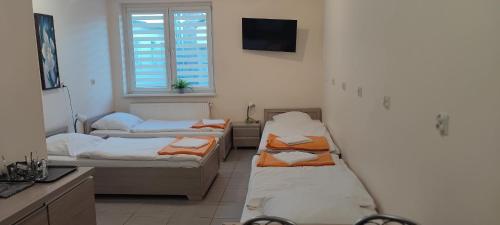 Zimmer mit 3 Betten und einem TV. in der Unterkunft Noclegi GALESZ in Świdnica
