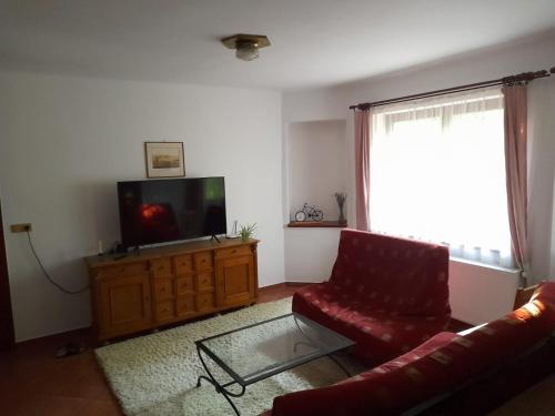 a living room with a couch and a television at Chalupa U Kostelníka in Libkov
