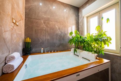 baño con bañera grande con planta en Achilles Apartment en Giardini Naxos