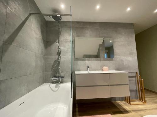 une salle de bain avec une douche, un lavabo et une baignoire dans l'établissement Chambre proche de la citadelle, à Montmédy