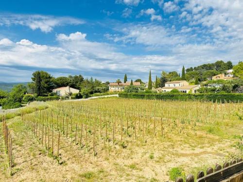 a field of vines with houses in the background at Maison climatisée avec piscine proche bandol in Le Beausset
