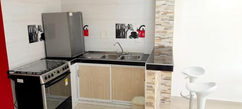 a small kitchen with a sink and a stove at apartahotel Cartagena in Cartagena de Indias
