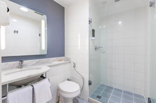 uma casa de banho com um WC, um lavatório e um chuveiro em ibis Sao Paulo Paulista em São Paulo