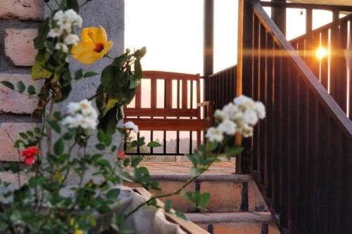 uma planta com uma flor amarela ao lado de uma escada em Cabaña Campestre Privada Tinita´s Chalet em Taulabé