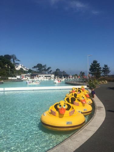 a row of yellow rafts in a pool of water at Oscar's by the Sea in Bangor