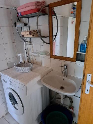 a bathroom with a washing machine and a sink at Apartman Batarelo in Gornji Karin