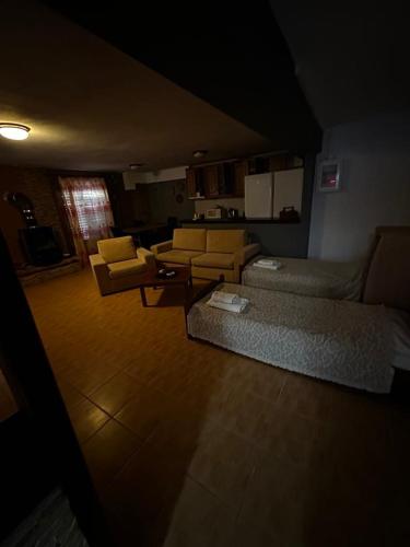 a living room with a bed and a couch at Pansion Angela in Skiathos Town