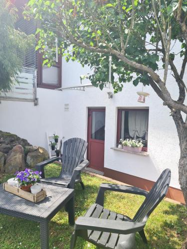 a patio with two chairs and a table and a tree at Ferienwohnung Rote Tür - Landleben pur! in Kirchhain