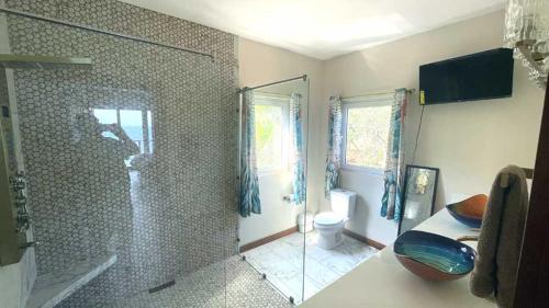 een badkamer met een douche en een toilet. bij Casa Flomingo Roatan in West Bay
