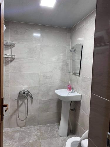 a bathroom with a sink and a shower and a toilet at Guesthouse Dadia in Chʼkhorotsqu