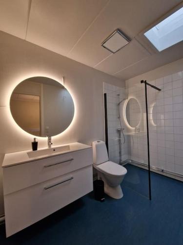 a bathroom with a sink and a toilet and a mirror at Radhus nära sjö, Arlanda och Stockholm in Upplands-Väsby