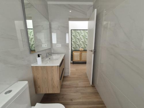 a bathroom with a sink and a toilet and a mirror at 5 Dragos Suites in La Orotava