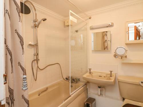 een badkamer met een douche en een wastafel bij The Aquamarine Sea View Apartment in Weymouth