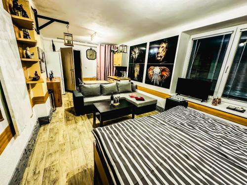 a living room with a bed and a couch at Apartmán Pod hradem in Horšovský Týn