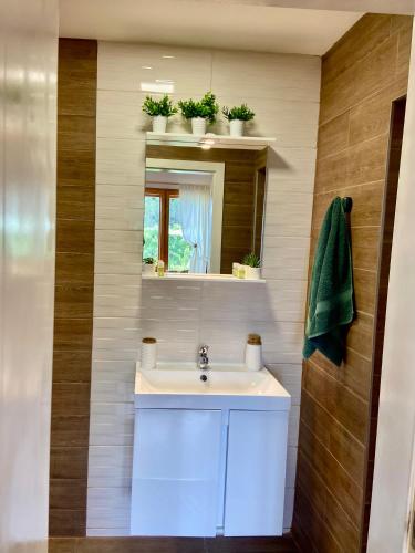 a bathroom with a white sink and a mirror at Villa Stella - private house with parking spot, pool and sea view in Varna City