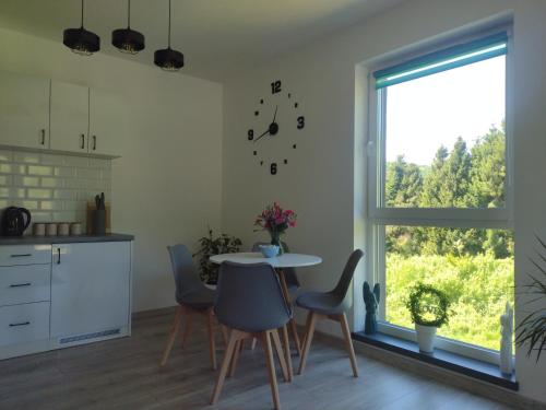 uma cozinha com mesa e cadeiras e uma janela em Biało - niebieski em Ustrzyki Dolne