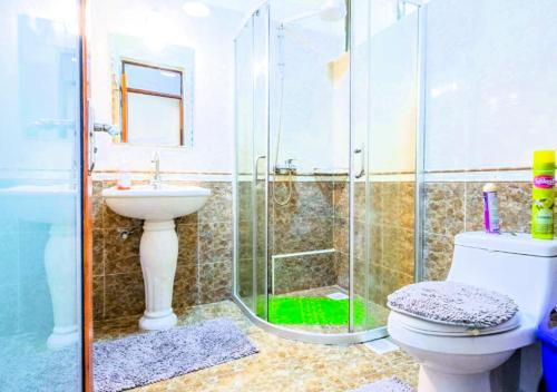 a bathroom with a shower and a toilet and a sink at Tribal Themed 3BR Penthouse in Nairobi