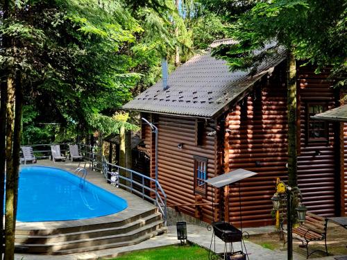a log cabin with a swimming pool in front of it at Gostynniy Dvir Коттеджи in Migovo