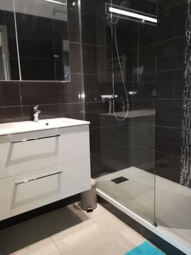 une salle de bain avec un lavabo blanc et une douche dans l'établissement Studio cosy vue mer avec accès direct à la plage séjour de 2 nuits minimum, à Cabourg