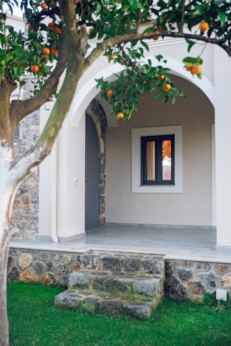 an entrance to a house with an orange tree at Carpe Diem Moursia Studio in Liapades