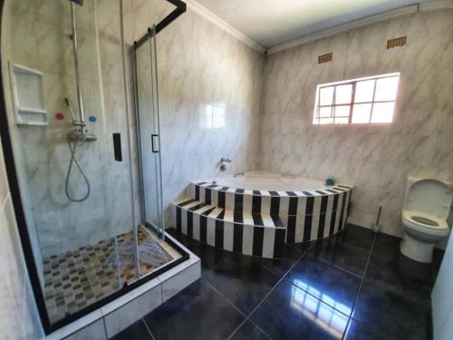 a bathroom with a shower and a tub and a toilet at Homey Guesthouse in Gaborone