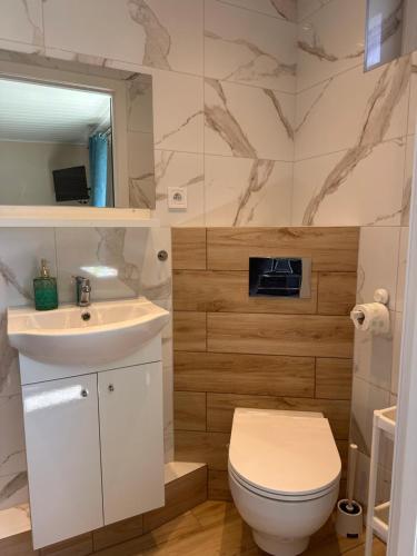 een badkamer met een witte wastafel en een toilet bij Pokoje Gościnne - Apartamenty MATI in Kopalino