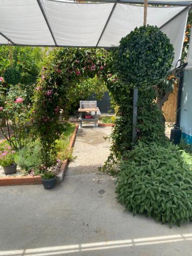 un jardín con un banco y un ramo de flores en Tesori del Sinis en Càbras